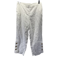 Chicos Women White 100 Linen Capri Pants Button Accent Pull On Size 1 Medium