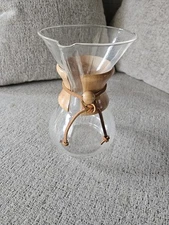 Vtg MCM Chemex Glass Pour Over Coffee Maker /Wooden Collar, 8.25" 3 Cup
