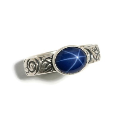 Star Sapphire Ring Flower Pattern 925 Sterling Silver E-W (10x8mm Lab Created)