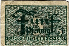 Banknote Bank deutscher L&auml;nder 5 Pfennig 1948 WBZ-11b Ro.250 P-11a