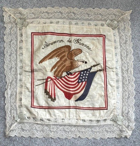 WW 1 Silk Pillowcase Souvenir of France, Embroidered, 24" square