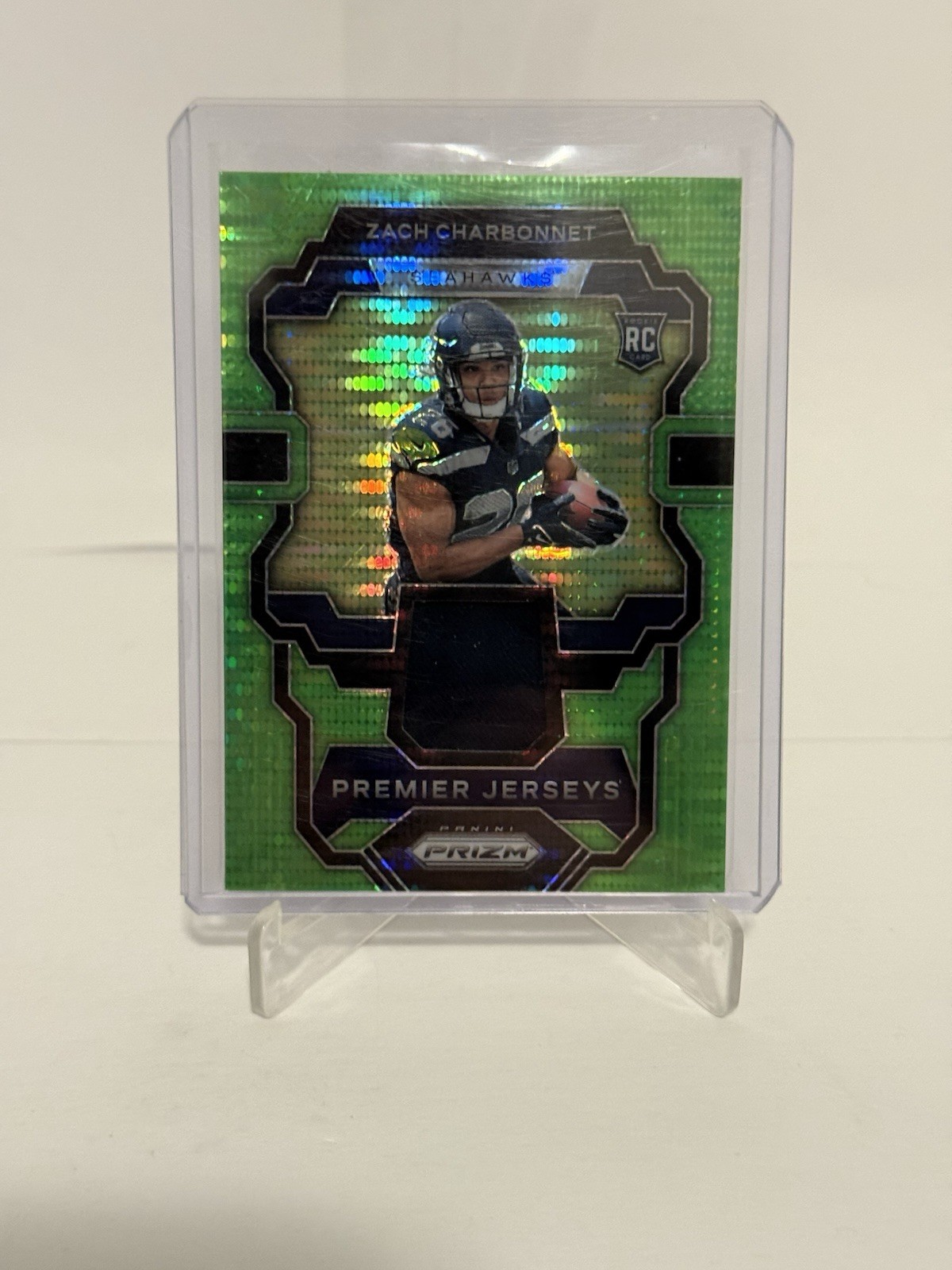 2023 Panini Prizm Premier Jerseys Zach Charbonnet Rookie Neon Green Pulsar Prizm