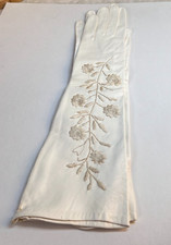Vintage Long Gloves MCM Flowered Embroidery White Creamy Leather Size 7 Italy