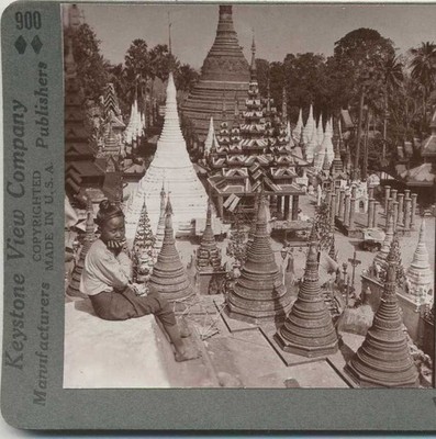 Pagoda Shrines at Shwe Dagon, c1910, Rangoon, Religious, Stereoview