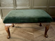 Edwardian-period Queen Anne style walnut stool -reupholstered green velvet seat.