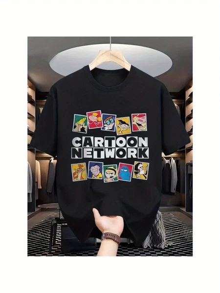 Men's Black Graphic T-Shirt - Casual Streetwear Tee with Cartoon Network Design,