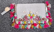 Image of NEW Accessorize - Tassel Beaded Clutch Bag - Gem & Shell Detail