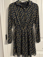 #877. Zara Basic Navy Long Sleeve Chiffon Dress with Gold Hearts. Size M