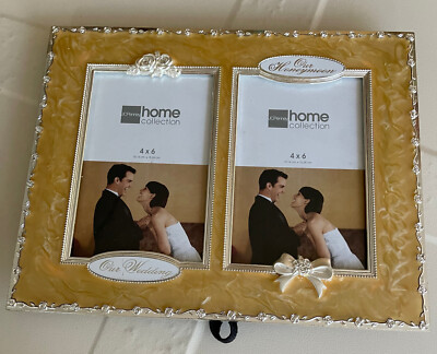 DUAL PICTURE FRAME - OUR WEDDING/OUR HONEYMOON - GOLD WITH SILVER TRIM