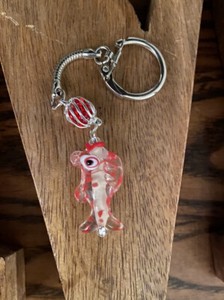 Beautiful Red And White Blown Glass Fish Keychain-Key Ring-Handmade-Free Ship!