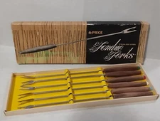 Vintage Fondue Forks Stainless Steel Wood Handles Colored Tips Japan Set of 6