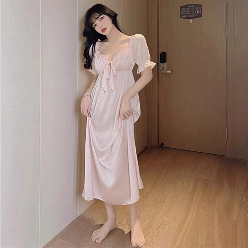 Damen Kunstseide Nachthemd Satin Nachthemd V-Ausschnitt Nachtwäsche Schleife Midikleid - Bild 15 von 23