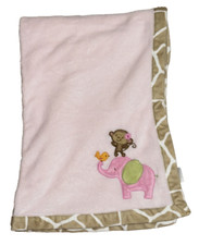 Carters Pink Baby Blanket Elephant Monkey with Giraffe Print Edging 30x40