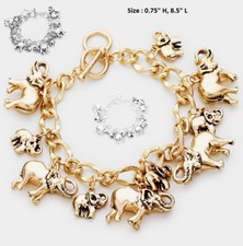 3D Multi Elephant Charm Chain Link Metal Bracelet Bangle Cuff