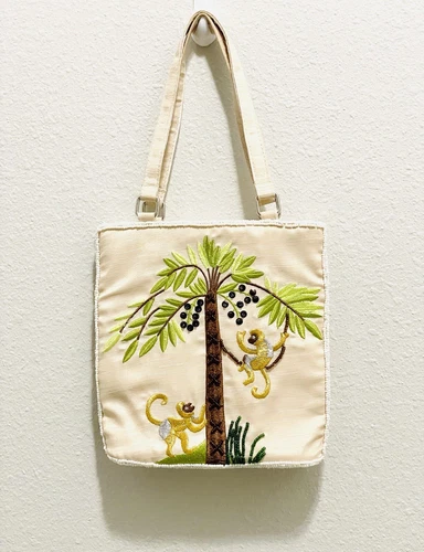 Cream Beaded Sequin Monkeys in Tree 7”Evening Satin Purse Bag Palm Berry Coconut