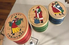 Vtg Wood Merry Christmas Couple - Santa - Girls Laurie Adam Oval Boxes 3 in Set