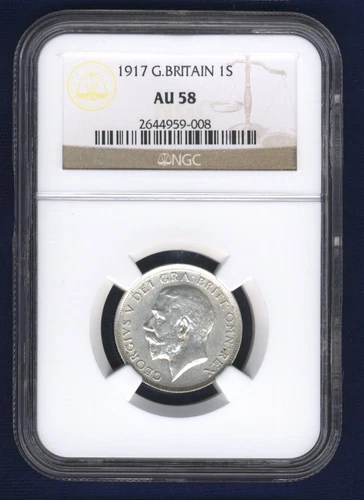GREAT BRITAIN  ENGLAND GEORGE V 1917 1 SHILLING SILVER COIN CERTIFIED NGC AU-58