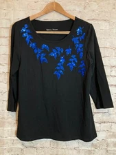 Rebecca Malone Top Womens Large Black Blue Floral Sequined Cotton Stretch