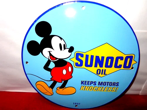 VINTAGE 1937 “SUNOCO OIL & MICKEY MOUSE”  11 3/4” PORCELAIN METAL GASOLINE SIGN!
