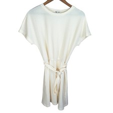 Cupshe Cream Waffle Knit Tie Waist Mini Dress Short Sleeve Casual Beach Boho