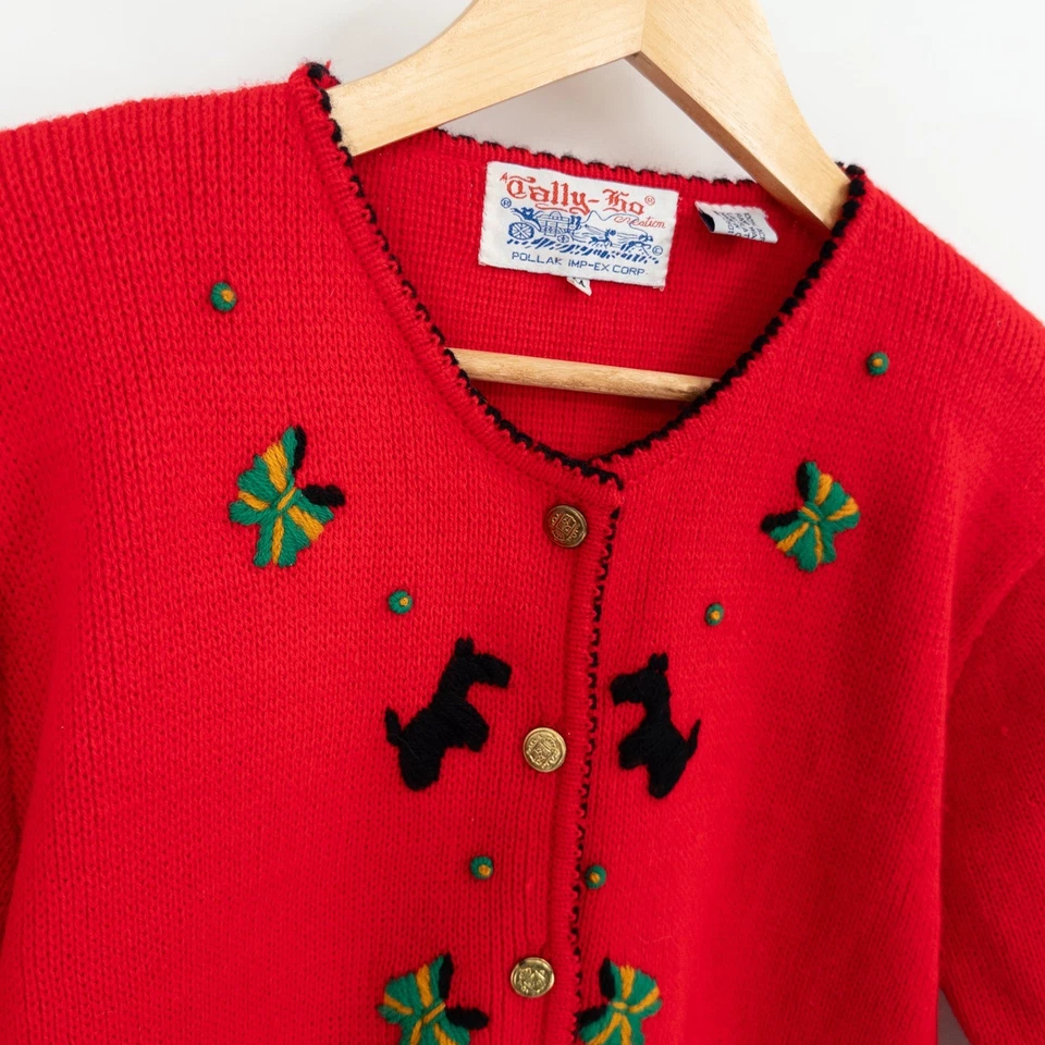 Cárdigan Vintage Scottie Perro Vacaciones Navidad Talla M Suéter Res Retro Abuela Foto 3 de 4