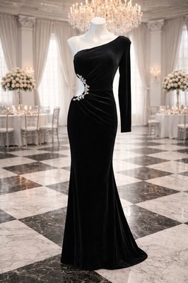 Missord Women s Elegant Rhinestone Black Velvet Evening Gown Prom Military Sz S