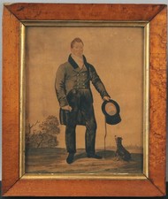 Antique Federal-Period Folk Art Portrait Painting Man, Tophat & Rat Terrier Dog