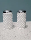 New ListingFenton White Hobnail Milk Glass Salt & Pepper Shakers Silver Lids Vintage