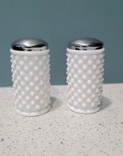 New ListingFenton White Hobnail Milk Glass Salt & Pepper Shakers Silver Lids Vintage
