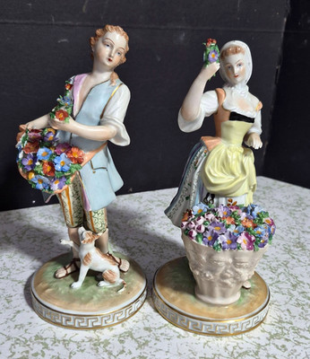 Antique German Carl Thieme Dresden Porcelain Figurine Couple, 8.5'' H.