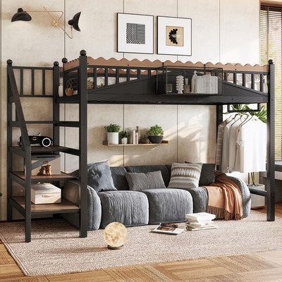 Twin XL Size Metal Loft Bed with Storage Stairs, Storage Shelves & Bookshelf