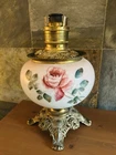 Victorian Rose Parlor Oil Lamp Hand-Painted Milk Glass Globe Brass Base 14"