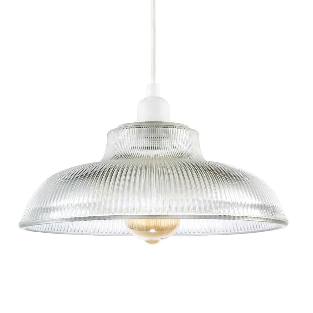 Classic American Diner Clear Ribbed Glass Ceiling Pendant Light Shade by Happ...