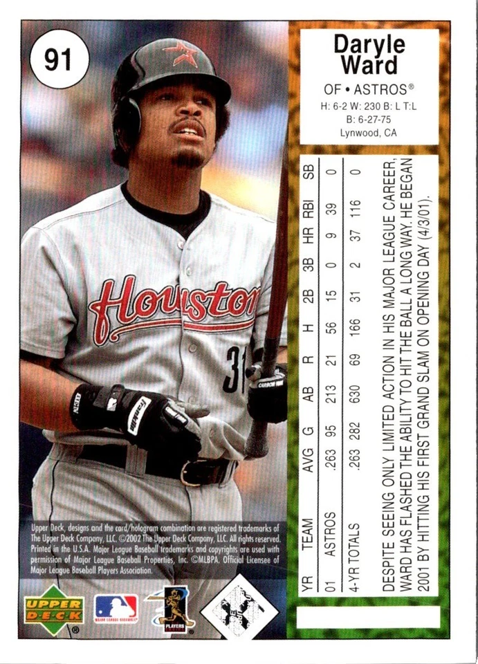 2002 UD Authentics Daryle Ward #91 Houston Astros Baseball Card - Image 2 of 2