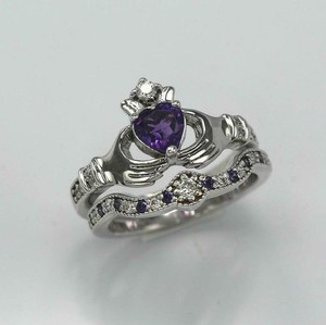 Authentic 2ct Natural Purple Amethyst Ring Claddagh Bridal Set 14K White Gold Plated