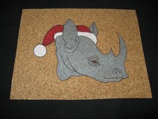 NEW HANDPAINTED RHINOCEROS CHRISTMAS SANTA CLAUS CORK ON TILE TRIVET 6" X 8"