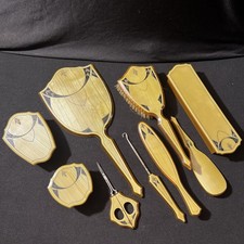 Bakelite -Celluloid Amber With Black Accents 1940  s Deco Art Vanity Set 9 piece