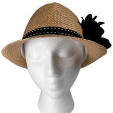 Classic Fedora Panama Hat Women's Sz O/S Beige Straw Black Band Side Flower