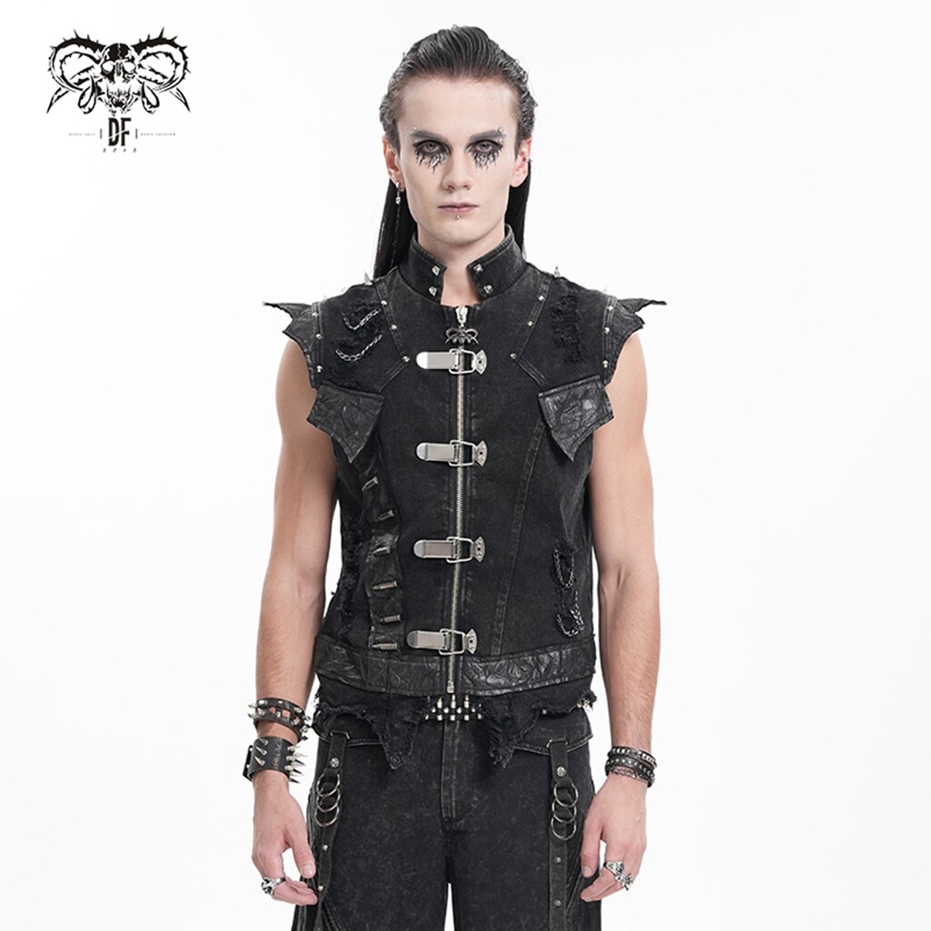 トップス ~1930's Euro Solide Buckle Dyed Vest Devil Fashion Men Black Gothic Punk Buckle Decor Tops Spiked Armor