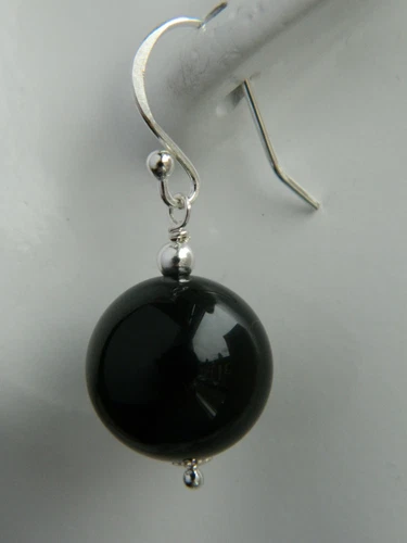 Large 14mm Black Onyx Gemstones & Silver Drop Elegant Handmade Earrings - Picture 8 of 13