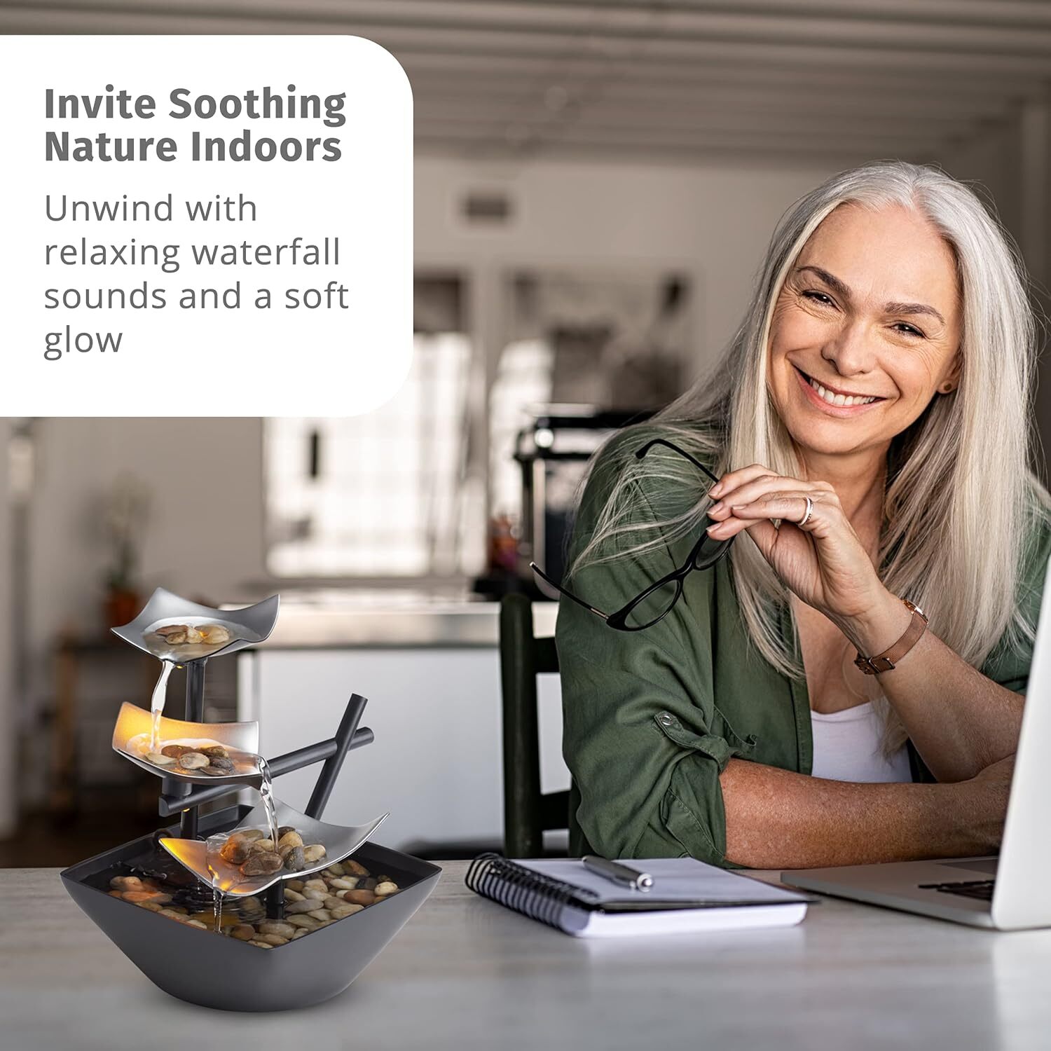 Fountain Water Tabletop Relaxation Envirascape Illuminated Home Decor