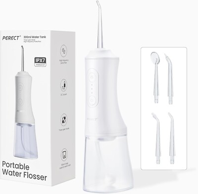 PERECT Zahnseide mit 300 ml Wassertank, 3 Modi, 4 austauschbare Strahlspitzen