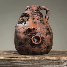Vintage Folk Art Ceramic Face Jug, Signed