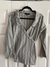 Lipslide Women's Medium Plaid Collared Faux Wrap Top Pearl Button Corpcore
