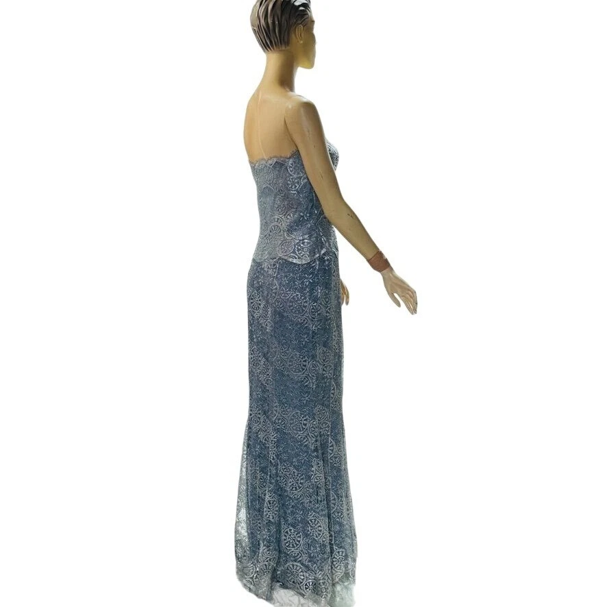 Rickie Freeman Teri Jon 女式银色灰色蕾丝无肩带晚礼服 16 码 — 第 3/4 张图片