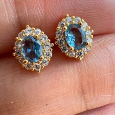 925 Sterling Silver Earrings 4x3mm Natural Blue Zircon Gemstone 14K Gold Plated