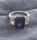Vtg Art Deco Style  Sterling Silver  Blue CZ 3 Stone Ring  JDCZ 925  Sz 7.75