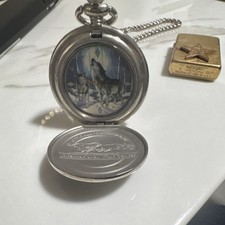 Franklin Mint Wolf Pocket Watch Silver Case Analog with Chain Animals Theme