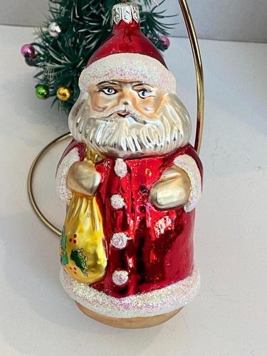Vintage Christmas Glass Santa Claus w/Gift Bag Glitter Poland Ornament ...