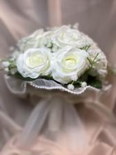 Artificial White Rose Wedding Bouquet with Satin Ribbon  Pearl Trim